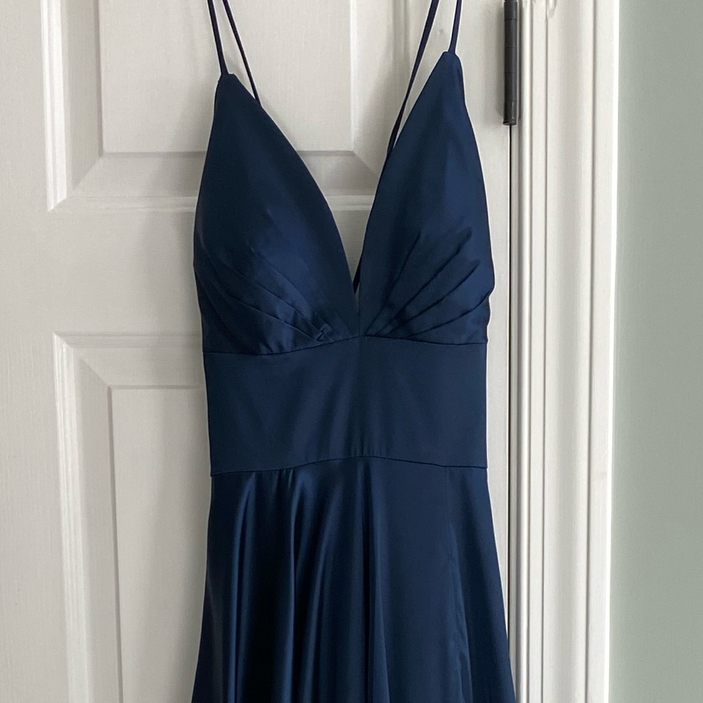 Navy Blue Satin Long Prom Dress! Front slit Strappy back Sz 4 Faviana Glamour